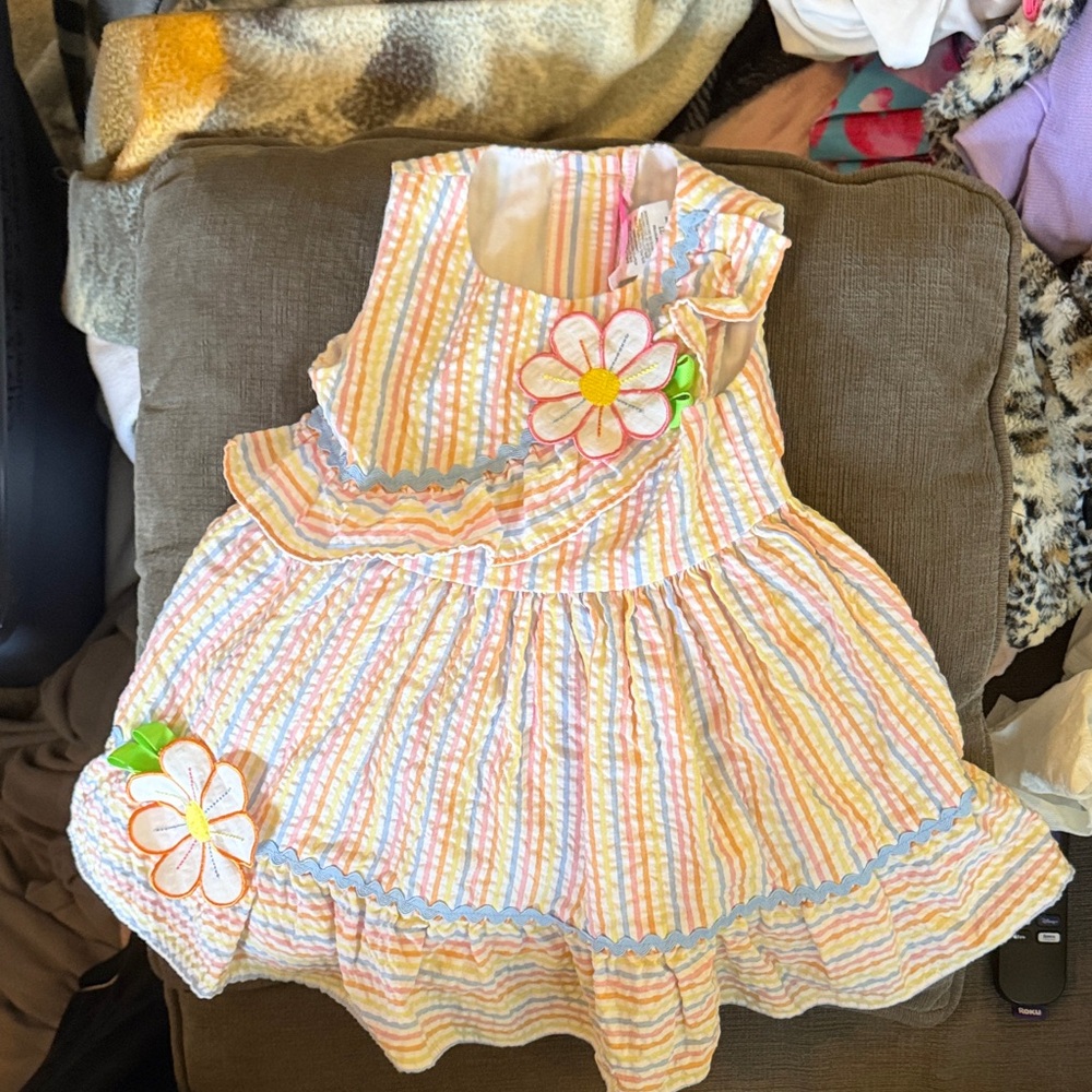 Good Lad Pastel Striped Flower Appliqué Dress - Pink, Yellow, Blue, Green, White